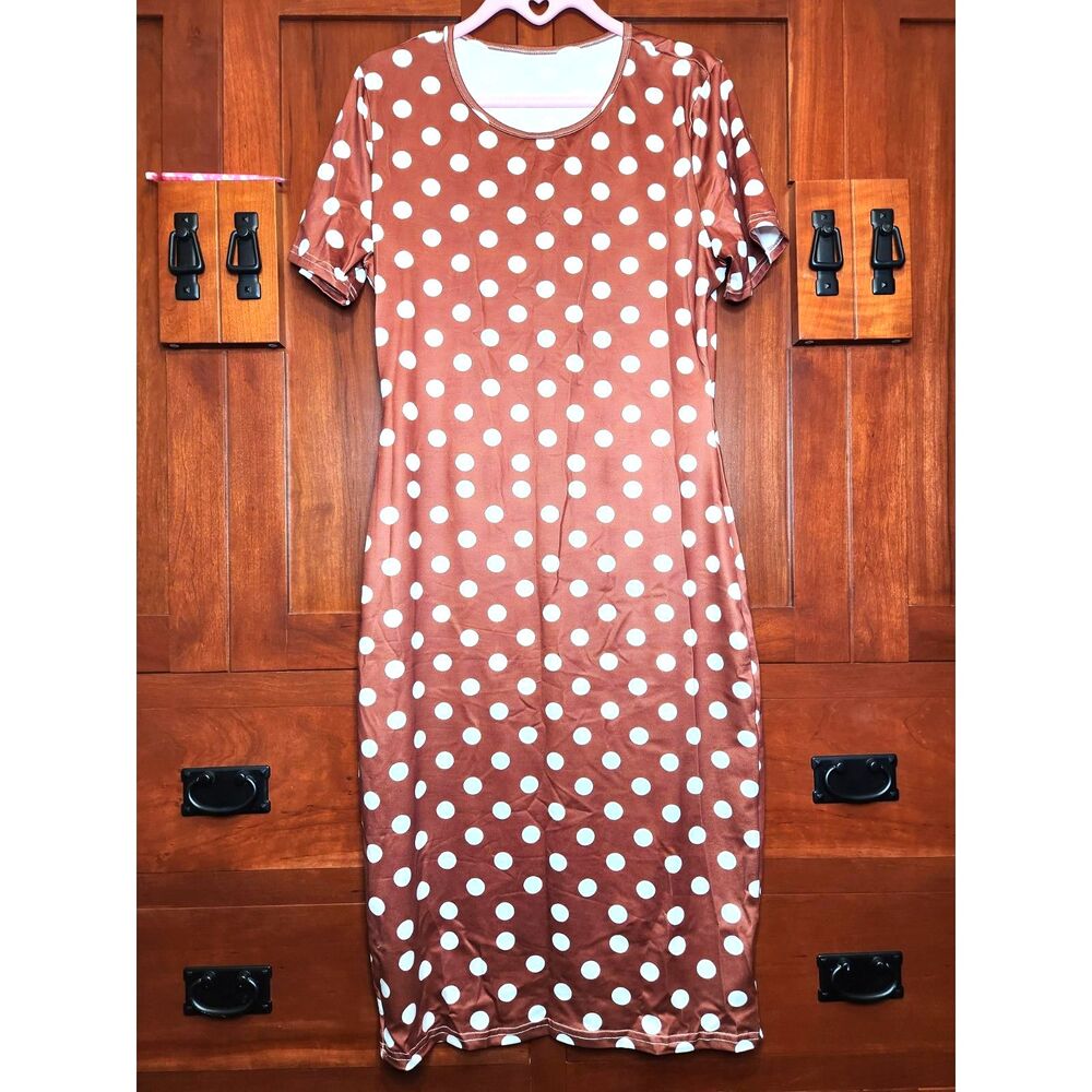 Brown & White Polka Dot Dress On-Knee Length Short Sleeve Women's Size L